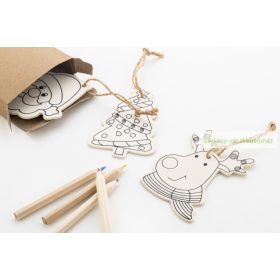   Fa színezhető karácsonyfa dísz, 3 dísz - 4 színes ceruza