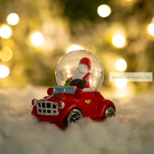 Karácsonyi hógömb, Mikulás autóval, 8,5 x 5,6 x 7 cm