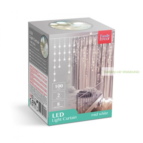 Fényfüggöny, 100 db LED, középfehér,  2,2 m - 8 program