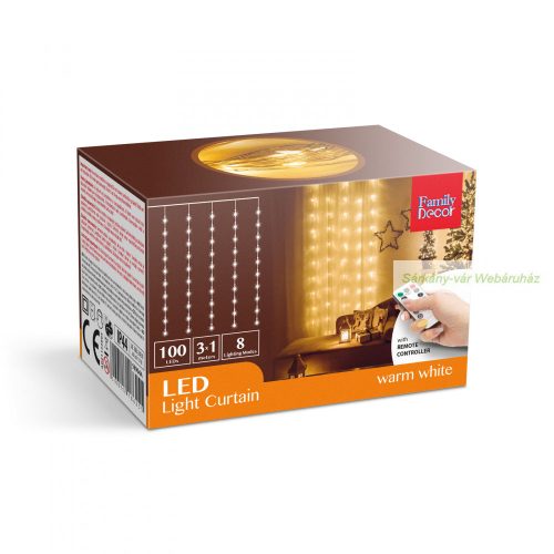 Fényfüggöny, 100 db, melegfehér microLED-del, távírányítós - 3 x 1 m 