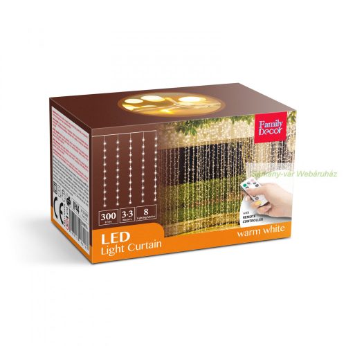 Fényfüggöny, 300 db melegfehér LED, 3 x 3 m - távirányítós