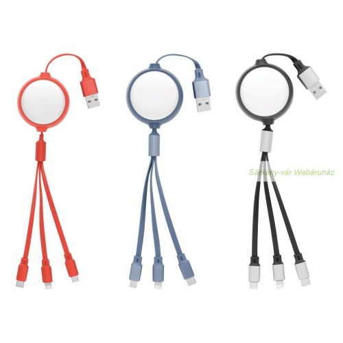 RETRACT töltőkábel, 100cm - USB Type-C, Micro-USB és 6 tűs Lightning