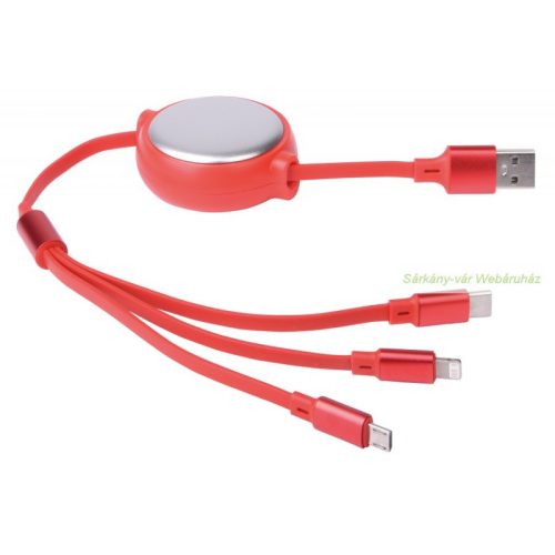 RETRACT töltőkábel, 100cm - USB Type-C, Micro-USB és 6 tűs Lightning