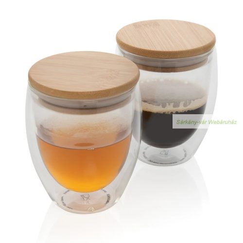 Duplafalú boroszilikát üvegpohár szett bambusz tetővel, 250ml