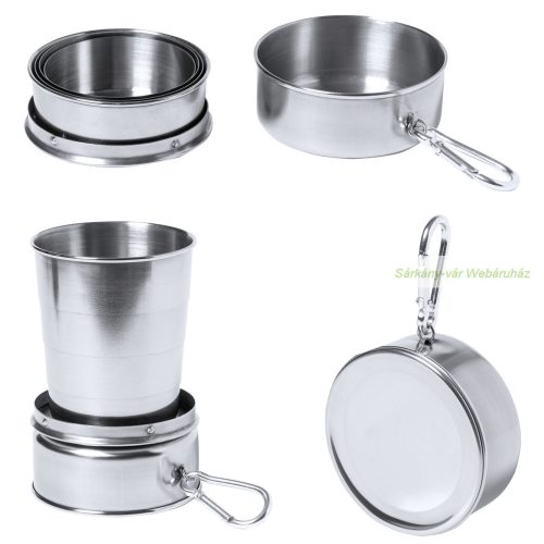 Összecsukható, rm. acél pohár karabinerrel, 220ml